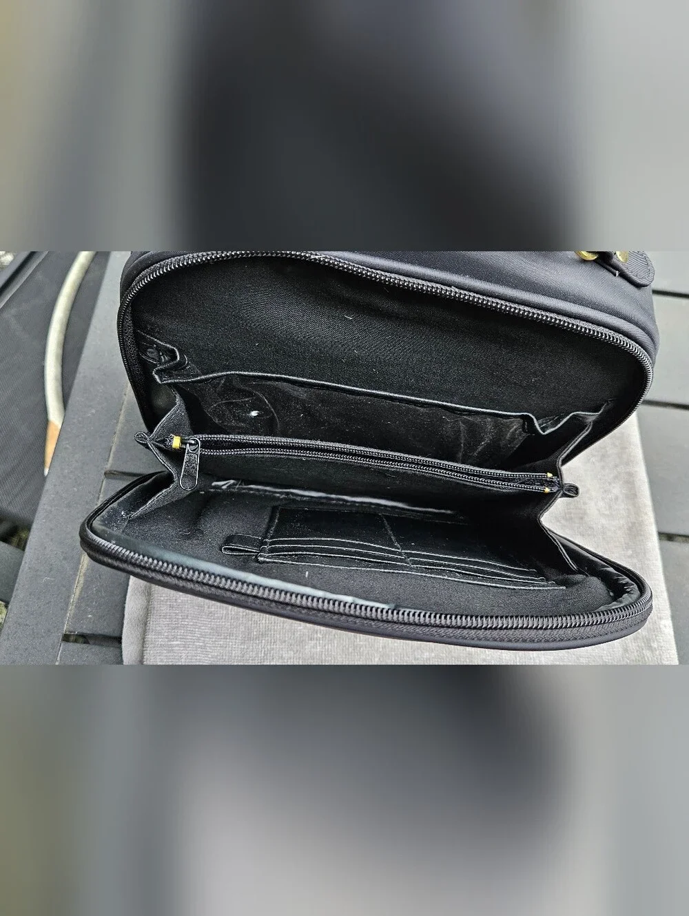 Vintage Avon Black Nylon Organizer Travel Bag with Natural Bamboo Handle